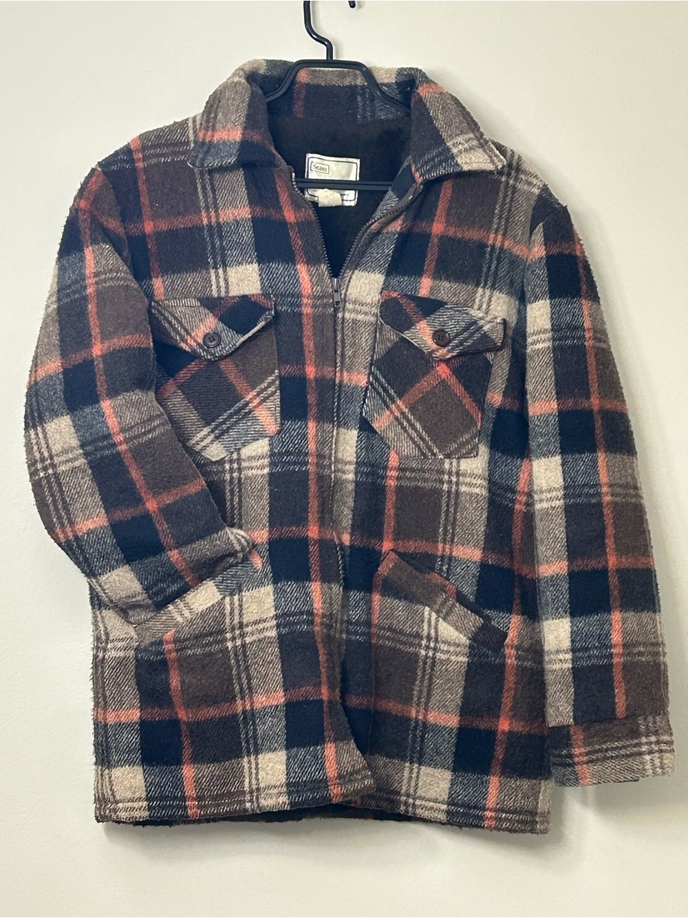 VTG 70s Sears Plaid Wool Utility Jacket Pile Lined Gorpcore Workwear Size 44 L